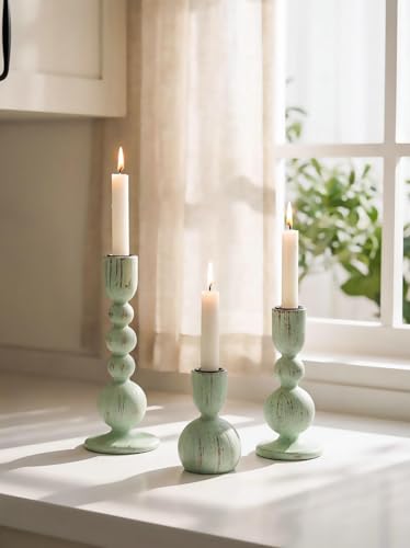 NUPTIO Wooden Taper Candle Holders Set of 3 Sage Green Candlesticks