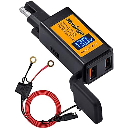 Motorcycle USB Charger, Mroinge 6.8A SAE to USB Adapter Dual Port QC3.0/2.0 Fast Charge, with Voltmeter/Ammeter & ON/Off Switch & 10A Fuse, Perfect for Your Phone or Smart Device Charging