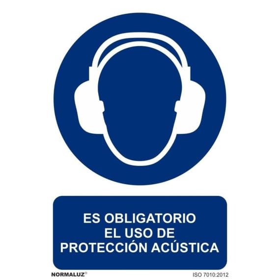 Cartel de obligación Es Obligatorio El Uso de Protección Acústica, con tintas UV SEKURECO