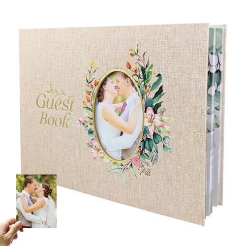CHSEEO Livro de assinaturas para casamento, livro de visitas - capa de linho com moldura para decorar fotos, 108 páginas grossas em branco #4