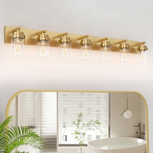 Image of IZORRO Bathroom Vanity Light Fixture, 7-Light 52 inch Gold Bathroom Light Fixtures Over Mirror, with Clear Glass Shade, Modern Farmhouse Vanity Lights, Rustic Restroom Lighting Fixtures
