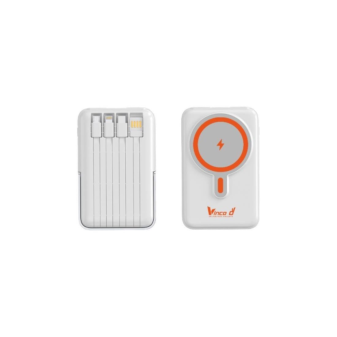 Vinco Power Bank 10000mAh, Bianco, Ricarica Wireless compatibile con MagSafe, 15W, Cavi Integrati, Schermo LED, USB e USB-C