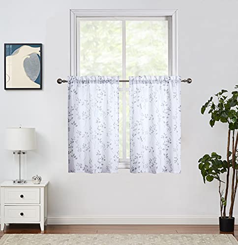 Beauoop Gray Cafe Tier Curtains For Kitchen Leaf Floral Pattern Farmhouse Half Window Curtain Panels For Living Room Cafe Bathroom Basement Rod Pocket Window Treatment Set, 28" W X 24" L, Set Of 2 #TOP28