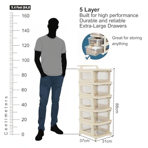 Image of Aliensware 5Layer Plastic Storage Drawer Organizer with Wheels, Modular Cabinet for Home, Office, School, Hospital, Parlor, Morden Kitchen,Clothes, Toys Organiser for Kids Room-Aliens-Clear Ivory