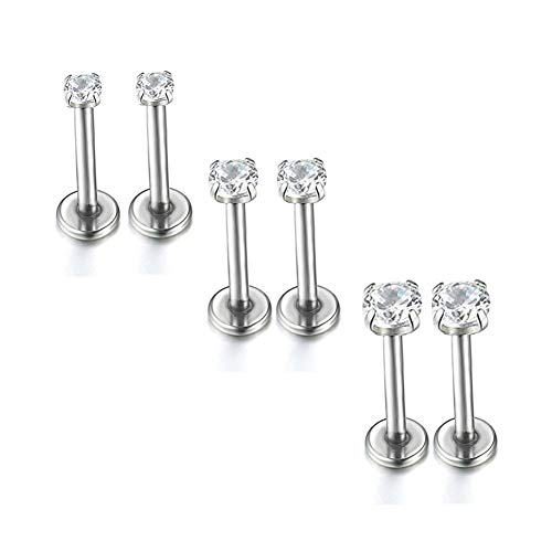 16g 2/3/4mm Cubic Zirconia Stainless Steel Triple Forward Helix Ear Cartilage Tragus Studs Earrings Lip Piercing 8MM Bar 3 Pairs A Set