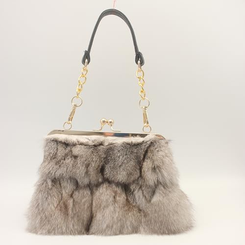 Image of Luxurious Fashion Natural Fox Fur with Hair Handbag for Women and Ladies