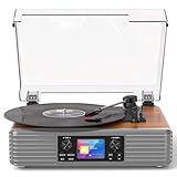 Bluetooth Record Player with Built-in Speakers, USB to PC Recording, 3-Speed Belt-Drive Turntable with AUX in & RCA Output, Brown Wood Grain Retro Vinyl Player for Home or Gift Use
