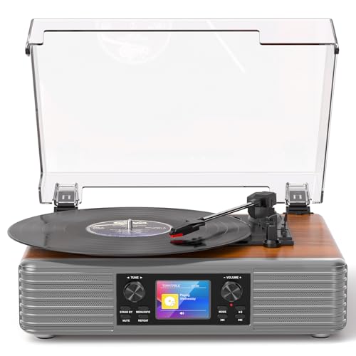 Bluetooth Record Player with Built-in Speakers, USB to PC Recording, 3-Speed Belt-Drive Turntable with AUX in & RCA Output, Brown Wood Grain Retro Vinyl Player for Home or Gift Use
