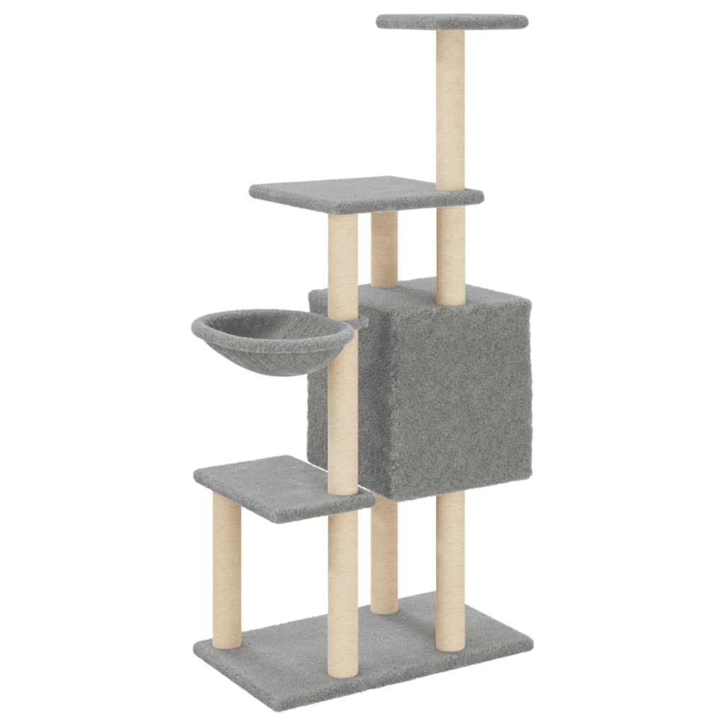 Árbol rascador de 131 cm con troncos de sisal, color gris claro | Torre de escalada estable para el salón con cueva de peluche, hueco para tumbarse y funda de felpa para gatos para relajarse.