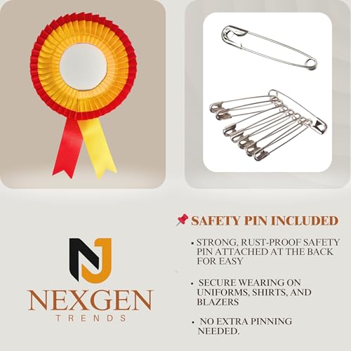 Image of NEXGEN Trends Double Line Satin Award Badge for School Sports Day, Annual Day & Prize Distribution | Premium Ribbon Badge with Safety Pin | Pack of 10 (Red-Yellow)