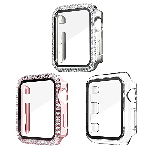 Kdely [3 Pack] Custodia Vetro Temperato per Apple Watch 42mm Serie 3/2/1, Cover Brillantini Protezione Case con Strass Lucido per Donne Watch (42mm, Rosa+Argento+Clear)