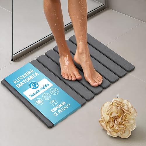 Jou Prime Alfombra Baño Diatomita Con Esponja De Baño De Regalo. Alfombra Diatomita De 60 X 40 Cm Alfombrilla Baño Plegable Y Absorbente Alfombra Baño Piedra Secado Rapido Incluye Esponja De Ducha