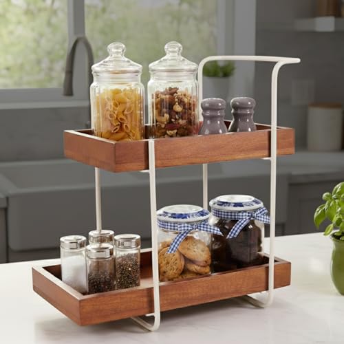 Image of Woodnest Wooden kitchen Organizer Shelf with 2 Spacious Compartments, Easy Kitchen Grocery Organiser, Organizer, Kitchen Spice Racks and Storage, Ivory & Brown,1Pc - (44L x 23W x 41H cm)