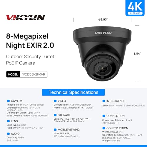 Image of VIKYLIN 4K 8MP PoE IP Camera Outdoor, 4K PoE Turret Security Camera with Human Vehicle Detection, 2.8mm Lens, 98ft EXIR2.0 Night Vision,Built-in Mic, WDR, IP67, Blue Iris, NDAA Compliant, Black
