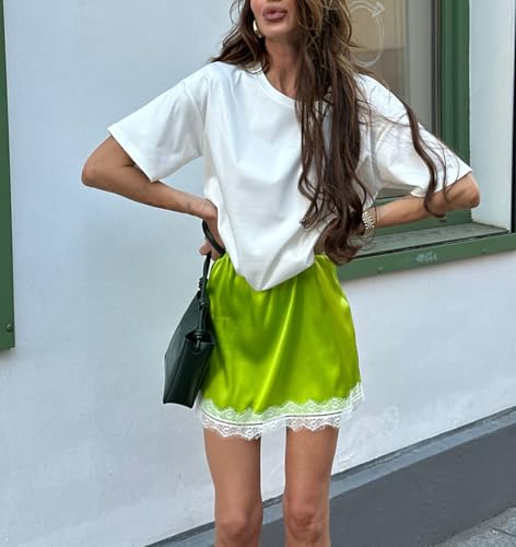 Mxiqqpltky Womens Satin Lace Trim Mini Skirt Y2K Silk Low Waist Flowy Short Slip Skirts Coquette Underskirt4