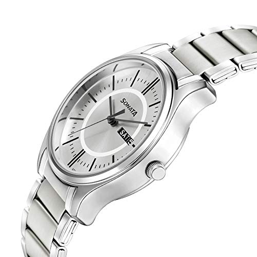 Image of Sonata Essentials Quartz Analog with Day and Date Silver Dial Silver Stainless Steel Strap Watch for Men - NT77082SM02W