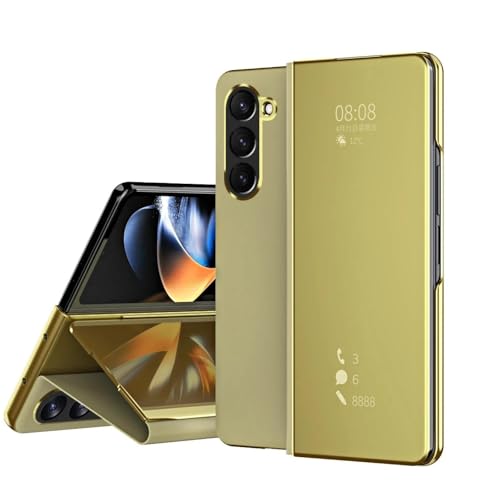 Coque Galaxy Z Fold 3 dorée avec rabat miroir et béquille de protection