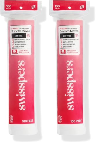 Image of Swisspers Smooth Moves Ultra-Luxe Premium Cotton Rounds - 100 Count (Pack of 2) - Hypoallergenic Makeup Remover Pads for Sensitive Skin, USA Made, Vegan, Lint-Free, Paraben Free