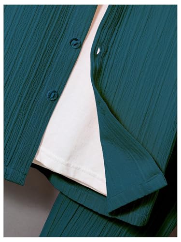 Image of RoseSeek Boy's 2 Piece Outfits Textured Button Down Short Sleeve Collar Shirts Tops and Elastic Waisted Pants Dark Green 4Y