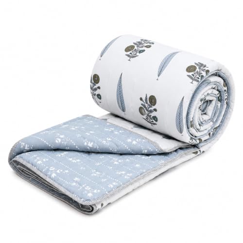 Image of RRC Single Bed Jaipuri Quilt | White & Green Floral Print Cotton Rajai | 200 GSM Lightweight AC Quilt | Soft Breathable Summer Comforter | Pack of 1