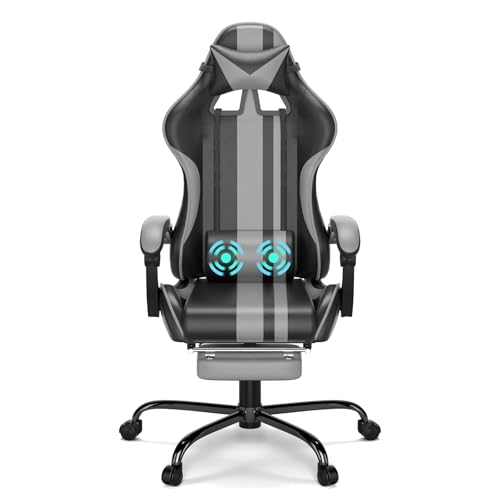 Soontrans Silla de Juegos de Masaje, Silla ergonómica para Videojuegos con Soporte Lumbar, Masaje vibratorio y reposapiés y reposacabezas, sillón de Gaming para Youtube Livestreaming Xbox (Gris)