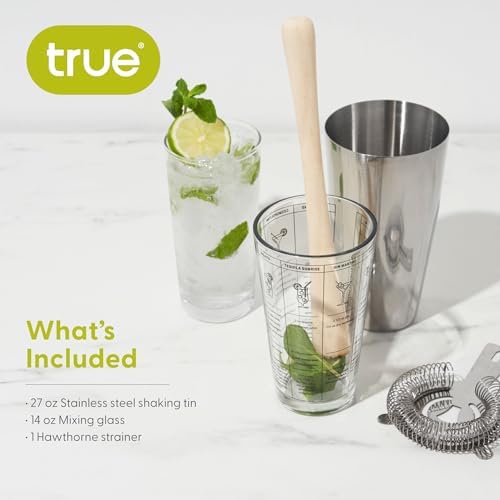 True 3-Piece Barware Set with 7 Cocktail Recipes and Measurements Printed on Mixing Glass, Glass and Stainless Steel