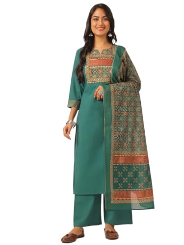 Image of Vbuyz Women Ajrakh With Yoke design Cotton Straight Kurta Set With Dupatta