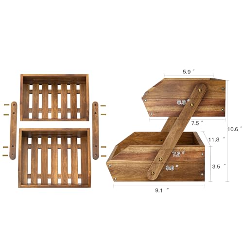Image of G.A. HOMEFAVOR Acacia Wood Fruit Basket, 2 Tier Fruit Bowl for Kitchen, Stand Storage Holder