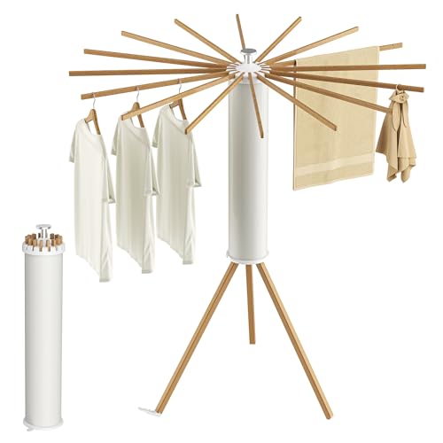 SUNOUTLY Clothes Drying Rack Tripod, Portable Laundry Drying Rack, Foldable Space Saving Garment Drying Rack, Outdoor Clothing Rack Floor Folding Balcony Bedroom Household Wooden, 16 Rods