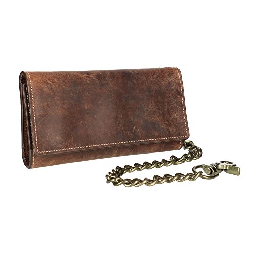 CTM Men's Crazy Horse Leather RFID Long Trifold Chain Wallet, Brown2