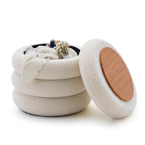Wimarsbon Round Storage Ottoman, Modern Sherpa Footstool, Teddy Vanity Stool