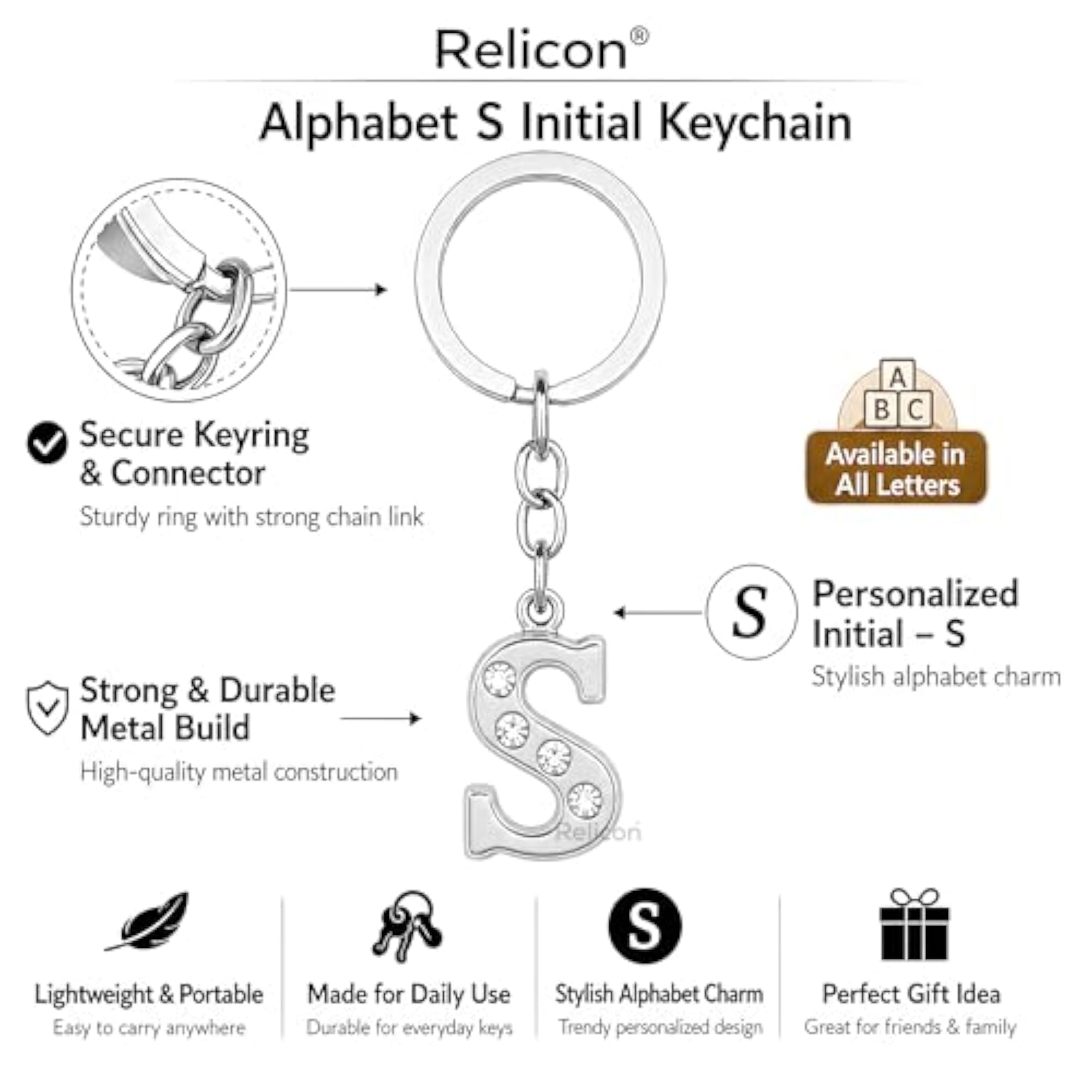 Alphabet Keychain - Letter S Metal Initial Key Chain