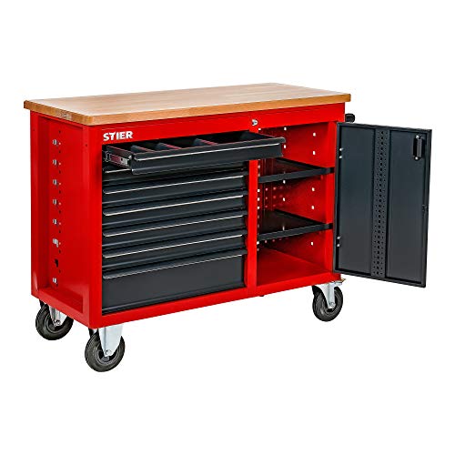 STIER Fahrbare Werkbank, mit 7 Schubladen und Tür, 925x1120x520 mm, in Dunkelgrau – Bild 6