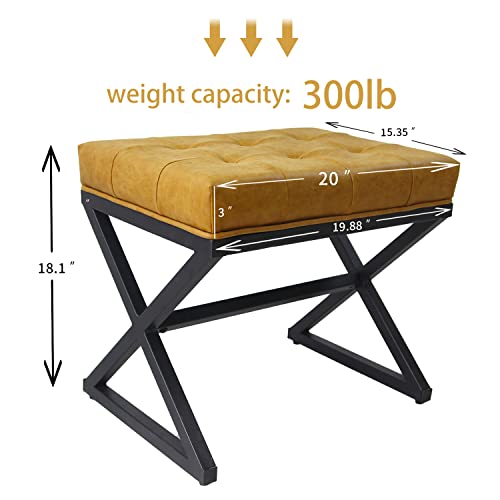 Czlolo 20" W×18“H Leather Vanity Stool With Metal X Base, Modern Upholstered Tufted Ottoman Bench For Living Room/Bedroom/Makeup Room/Entryway, Brown #TOP1