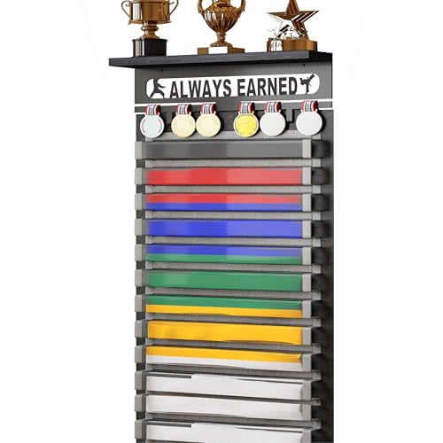 3 in 1 Karate and 12 Belts Taekwondo Belt Display Rack with Medal Hanger, Trophy/Photo Rack, and Felt Dustproof Design. (Always Earned, 12 Belts)