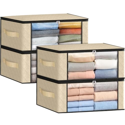 Image of Fab totes 35L Closet Organizers and Storage, Foldable Under Bed Storage Containers, Storage bags for Organizing Bedroom, Closet, Clothing,Organization with Handle (4 Pack,Beige)
