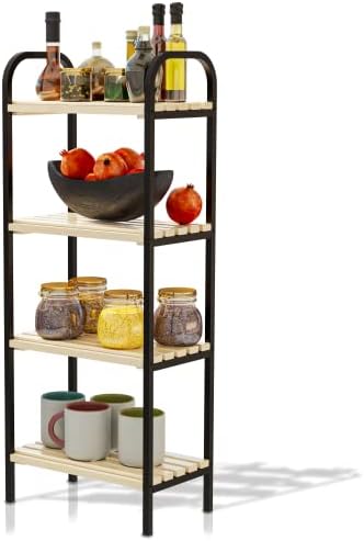 BENOLDY 4-Tier Metal Frame Bathroom Storage Shelf with Waterproof Varnished Pine Wood Shelves, Modern Space Saving Organizer for Bathroom, Kitchen, Bedroom, Office, Hallway