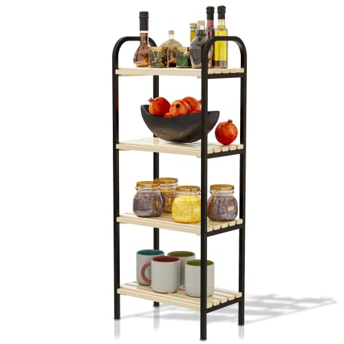 Benoldy 4-Tier Metal Frame Bathroom Storage Shelf With Waterproof Varnished Pine Wood Shelves, Modern Space Saving Organizer For Bathroom, Kitchen, Bedroom, Office, Hallway #TOP2