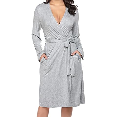 ADOME Dressing Gowns for Women Bathrobe Ladies Robe Kimono Nightwear Pyjama Soft Knee-Length with Pockets Grey Cover