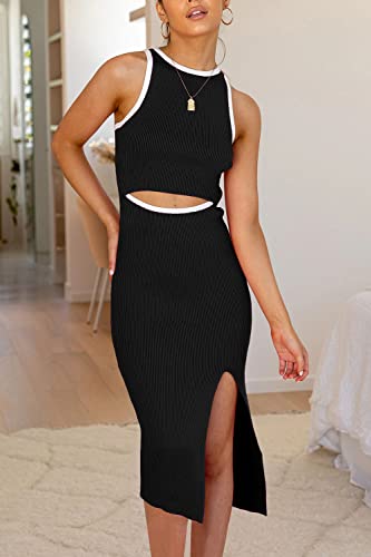 Image of PRETTYGARDEN Women's Summer Midi Bodycon Dresses Casual Crew Neck Side Slit Sleeveless Knit Cut Out Tank Top Dress