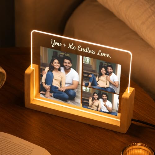Image of Giftplease Personalized LED Acrylic Photo Frame with Custom Picture and Text, Romantic Couple Night Lamp, Wooden Base Memory Display, USB Table Decor for Anniversary, Wedding, Bedroom Home