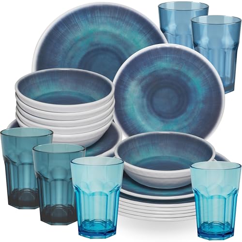 Jesolo Vaisselle en mélamine bleue pour 6 personnes – 24 pièces – avec verres assortis de 400 ml en acrylique – Vaisselle de camping moderne en mélamine multicolore