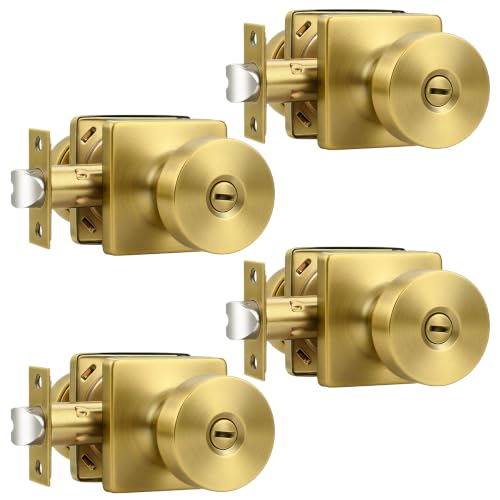 Probrico Unique Privacy Door Knobs Interior 4 Pack, Classic Keyless Bedroom/Bathroom Door Handles Inside, Square Base Doorknobs with Vintage Brass Finish