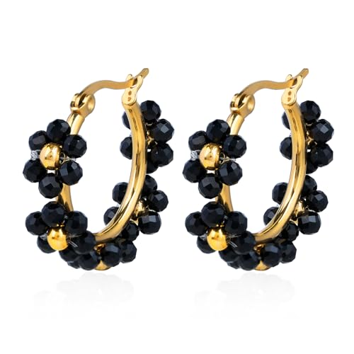 Handmade Flower Beaded Hoop Earrings 18K Real Gold-Plated Natural Gemstone Floral Hoop Earring Colorful Beaded Jewelry Gift for Women