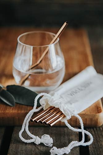 Wild & Stone | Six Rose Gold Coloured Straight Steel Drinking Straws | Cleaning Brush & Cotton Pouch | Eco-Friendly, Reusable Food Grade Steel & Dishwasher Safe | Metal Drinking Straws