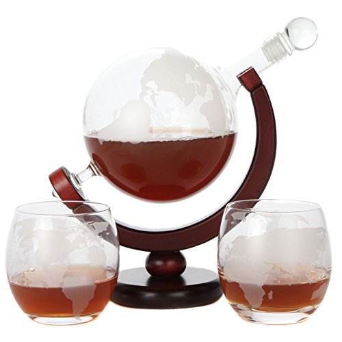 Lily's Home World Globe Whiskey Decanter With Dark Finished Wood Stand, Bar Funnel, And 2 Matching Glasses (850 Ml) #TOP8