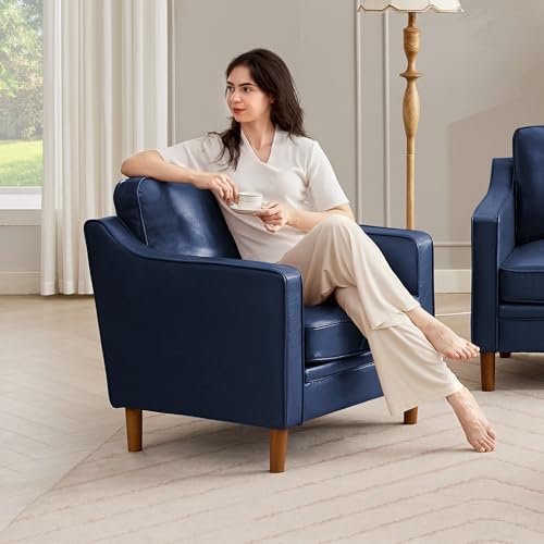 Image of Kingfun Accent Chair, Living Room Chairs, Faux Leather Reading Armchair, Mid Century with Solid Wood Foot, Upholstered Modern Decor for Bedroom, Apartment