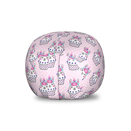 Lunarable Llama Storage Toy Bag Chair, Romantic Print Of Cupcakes With Animal Faces In Floral Details Polka Dots, Stuffed Animal Organizer Washable Bag, Small Size, Pink Multicolor #TOP20