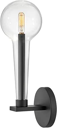 Hinkley Alchemy Medium Single Light Wall Sconce, Tapered Globe, Extended Candle Sleeve, T6 or T8 Bulbs Only, Black Finish w/Clear Glass