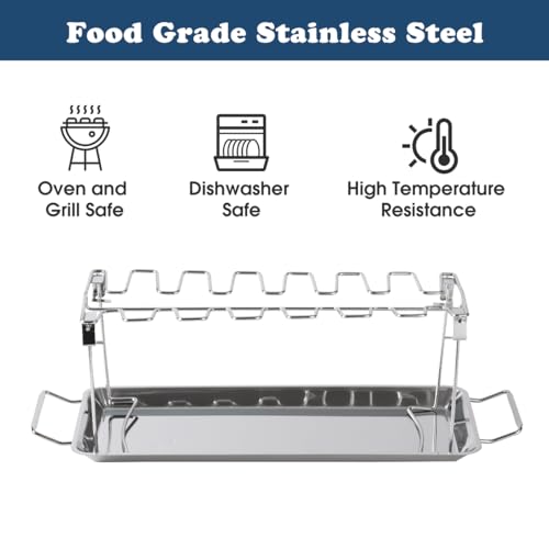 AMOZO Hähnchenschenkel Halter für 14 Keulen,Robuster Hähnchen Grill Ständer aus 100% Edelstahl,Hähnchenkeulenhalter mit Auffangschale,Spülmaschinengeeignet Hähnchenbräter.